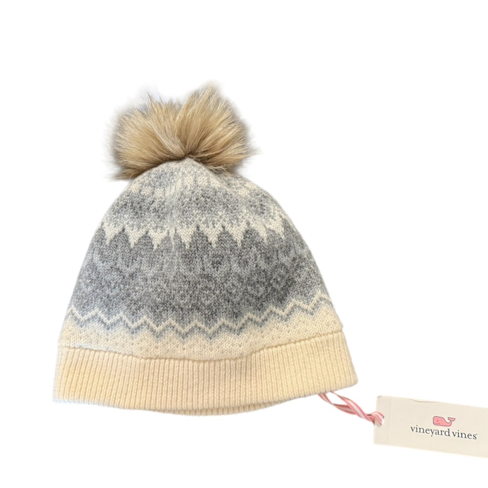 NWT Vineyard Vines Wool Cashmere Fair Isle Faux Fur Pom Pom Beanie One Size